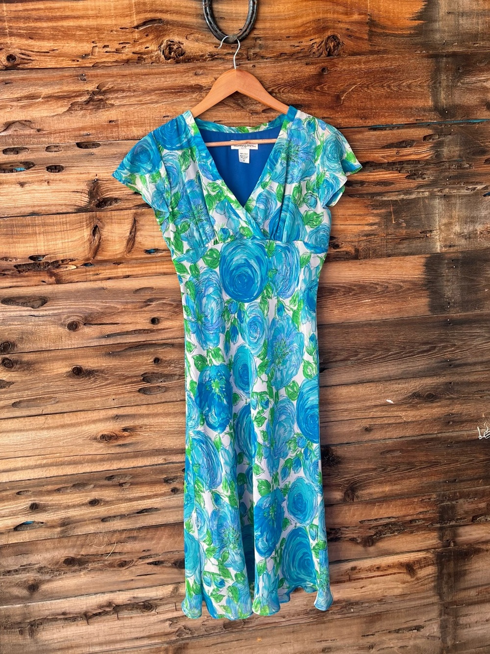 VINTAGE | Mannequines 100% Silk 90s Y2K Blue Floral Midi Dress M